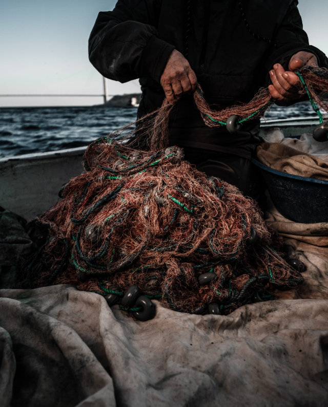 Pescador trabajando con redes tradicionales en el mar